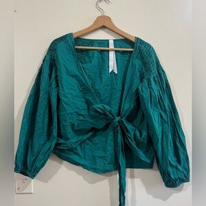 Merlette Tie-Front Puff Sleeve Blouse in Teal